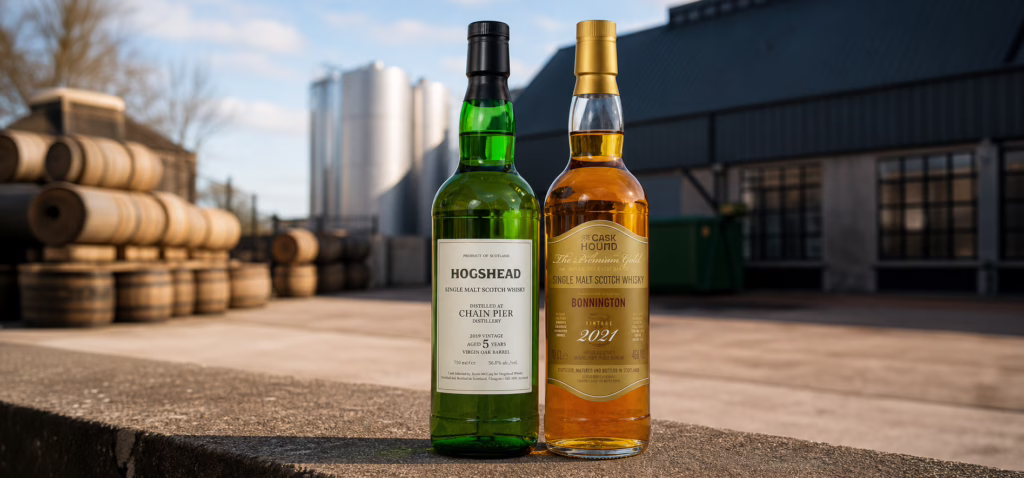 Chain Pier 2019 Hogshead and Bonnington 2021 The Caskhound in front on Chain Pier Distillery